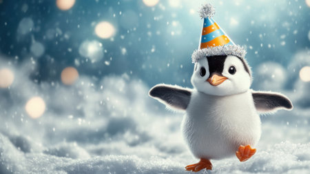 Penguin wearing a birthday hat, running happily across the icy snow, celebrating with a cute and playful winter backdrop.の素材