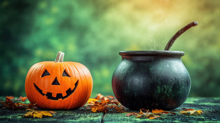 Spooky Halloween scene featuring a cauldron and pumpkin on a green background, perfect for Halloween celebrations.の素材