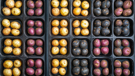 Seed potatoes of the Charlotte salad variety in chitting trays, top-down view, preparing for planting season.の素材