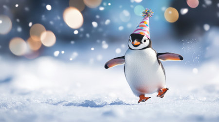 Penguin wearing a birthday hat, running happily across the icy snow, celebrating with a cute and playful winter backdrop.の素材