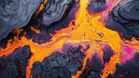 Artistic top view of lava texture, showcasing molten patterns and vivid colors.の素材