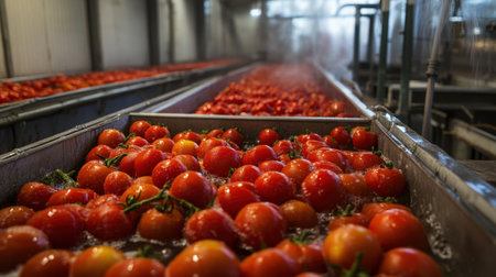 Water tanks filled with tomatoes, being washed and cleaned before processing, showcasing industrial food preparation.の素材
