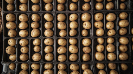 Seed potatoes of the Charlotte salad variety in chitting trays, top-down view, preparing for planting season.の素材