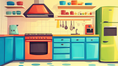 Cartoon kitchen illustration, with bright colors and detailed appliancesの素材
