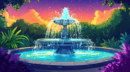 Cartoon illustration of a beautiful fountain, with water splashing and a colorful background.の素材