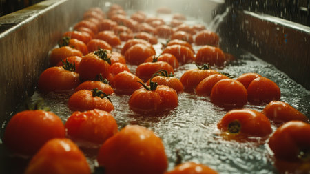 Tomatoes floating in tanks of water, being washed before processing, detailed view of the cleaning process in food production.の素材