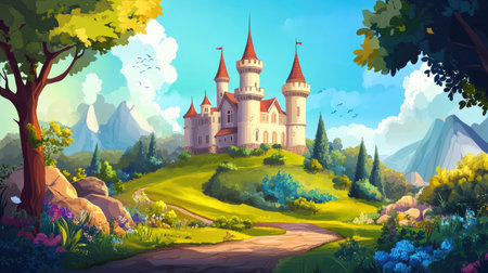 Artistic vector illustration of a castle, set in a magical cartoon landscape.の素材