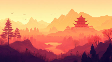 Artistic vector illustration of a Chinese landscape, showcasing cultural elements and natural beauty.の素材