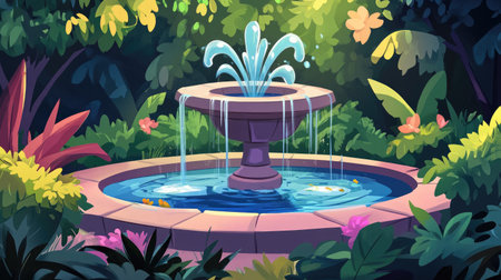 Artistic cartoon fountain, surrounded by greenery and a colorful background.の素材