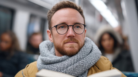 A thoughtful man enjoys reading a book on a train during his daily commute, wearing glasses and a warm scarf. The scene reflects a busy yet serene urban environment.の素材