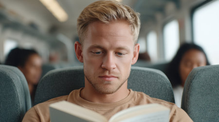 A young man deeply engrossed in a book while traveling on a train, creating an intimate scene of focus and leisure amidst the hustle of fellow passengers.の素材
