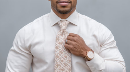 A confident businessman adjusts his stylish tie while wearing a sleek watch, embodying elegance and professionalism in a modern office setting against a neutral background.の素材