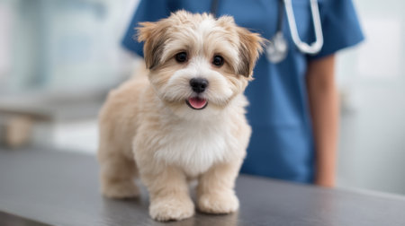 This image captures an adorable puppy at a veterinary clinic, highlighting the loving care animals receive from dedicated professionals in their environment.の素材