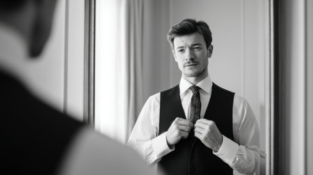 A stylish man is adjusting his vest and tie in front of a mirror, showcasing elegance and sophistication as he prepares for a special event or formal occasion.の素材