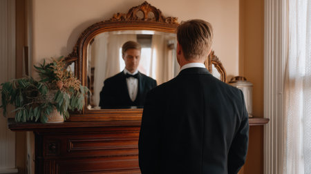 A stylish man in a tuxedo admires himself in an ornate mirror, embodying sophistication and elegance. The serene atmosphere enhances the timeless appeal of classic decor.の素材