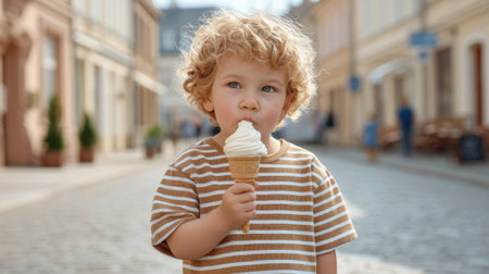 A young child savors a delicious ice cream cone on a charming cobblestone street, capturing the essence of summer joy and carefree childhood moments.の素材