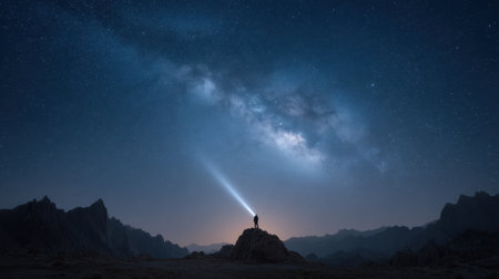 A captivating scene of an individual standing on a rocky outcrop, using a flashlight to illuminate the mesmerizing night sky filled with stars and the Milky Way.の素材