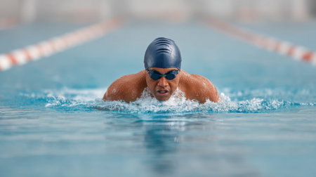 A dedicated swimmer showcases impressive skill and focus while performing a strong stroke in a sunny outdoor pool, embodying athleticism and determination in training.の素材