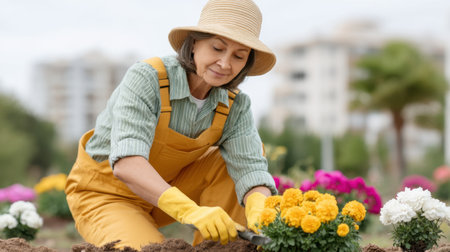 A dedicated gardener in yellow overalls and a sun hat carefully plants vibrant flowers in a lush urban garden, showcasing nature's beauty and the importance of gardening.の素材