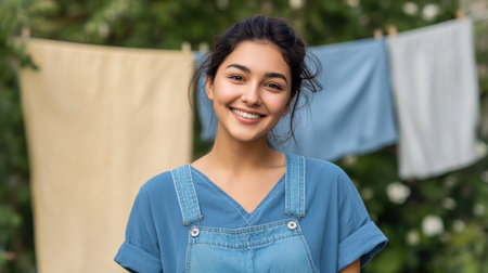 Young woman stands outdoors, exuding joy with a radiant smile. Colorful laundry hangs in the background, creating a cheerful and vibrant atmosphere of home life.の素材