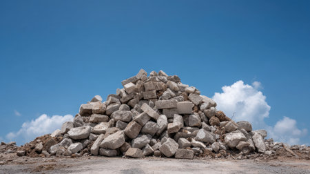 A large pile of rough stones and rocks sits against a vibrant blue sky filled with clouds, captured in broad daylight, showcasing natural textures and construction materials.の素材
