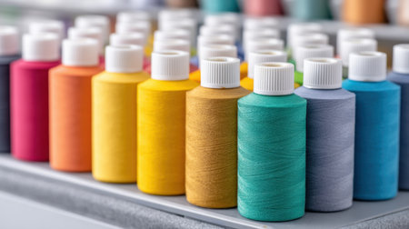 This image showcases a collection of vibrant spools of thread arranged neatly in a crafting studio, perfect for inspiring creativity in sewing and textile projects.の素材
