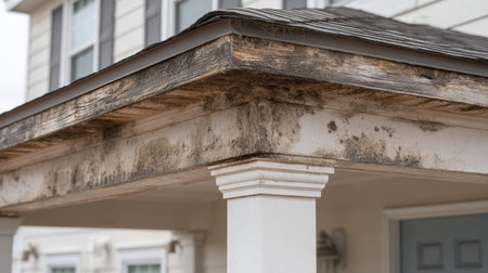 Detailed close-up of a weathered porch showing visible signs of mold and mildew on structural elements, emphasizing the importance of home maintenance and care.の素材