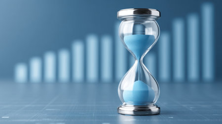 An hourglass with blue sand sitting on a surface, against a blurred graph backdrop, symbolizing the importance of time management and productivity in business.の素材
