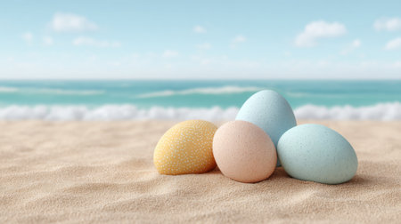 A delightful image of colorful Easter eggs resting on a sandy beach, set against a serene ocean landscape, ideal for spring celebration themes and decoration ideas.の素材