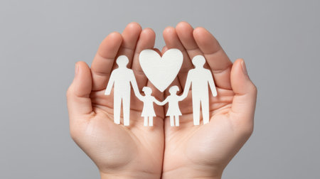 A creative depiction of hands holding paper cutouts of a family and a heart symbol, illustrating love, connection, and the essence of family bonds in a minimalist style.の素材