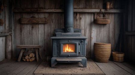 This cozy rustic interior features a wood-burning stove radiating warmth, complemented by wooden walls and natural decor for a tranquil and inviting atmosphere.の素材