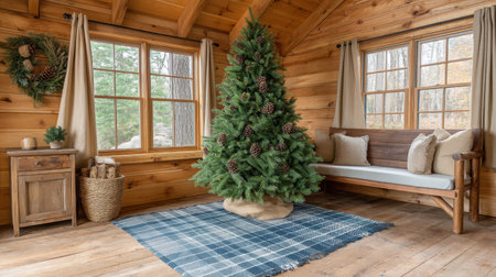 This charming cabin interior features a beautifully decorated Christmas tree, wooden walls, and a cozy seating area, creating a warm and inviting atmosphere for the festive season.の素材