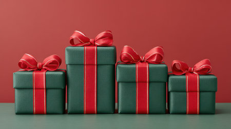 A charming arrangement of green Christmas gifts tied with red ribbons showcases vibrant holiday spirit against a solid red backdrop, ideal for seasonal themes.の素材