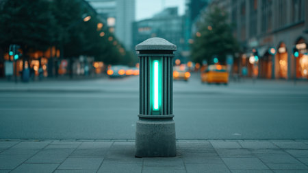 This captivating urban scene highlights a modern trash bin with a neon green light, set against a bustling city backdrop during twilight, showcasing urban life.の素材