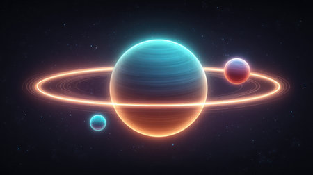 An enchanting cosmic digital art piece showcasing three vibrant planets with glowing rings set against a star-filled dark space background. Perfect for science or fantasy themes.の素材