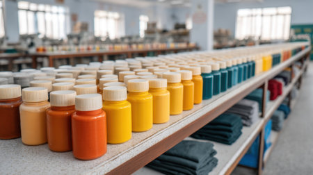 A vibrant collection of paint bottles displayed in an organized manner within a bright studio, highlighting the tools and materials essential for artistic expression and projects.の素材