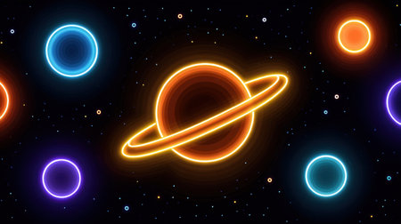 Explore a stunning digital artwork showcasing vibrant planets with neon glows set against a starry backdrop. Ideal for space-themed projects and creative designs.の素材