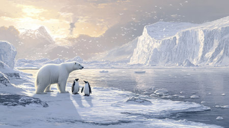 Arctic winter wildlife scene with polar bears and penguins by a frozen lake, set against a cold, sunny northern landscape with space for text.の素材