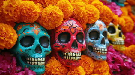 Colorful sugar skulls adorned with marigolds on a decorative, celebratory background for a Day of the Dead theme.の素材