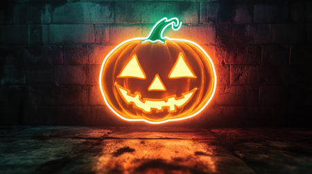 High-definition neon sign featuring a glowing pumpkin, illuminating in bright orange and green against a dark background.の素材
