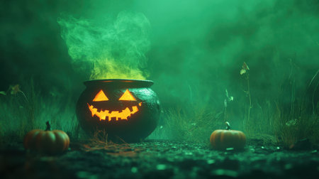 Spooky Halloween scene featuring a cauldron and pumpkin on a green background, perfect for Halloween celebrations.の素材