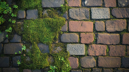 Green moss thriving between brick pavement, detailed view of the natural and urban textures blending together.の素材
