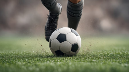 This striking image captures a soccer player in motion, energetically kicking a black and white ball on a grass field, showcasing athletic skill and competitive spirit.の素材