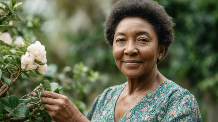 A joyful woman engages with her flower garden, showcasing a serene moment surrounded by vibrant blooms and lush greenery, celebrating nature beauty and tranquility.の素材