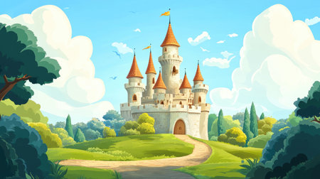 Artistic vector illustration of a castle, set in a magical cartoon landscape.の素材