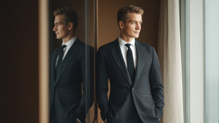 A young businessman in a sleek suit stands by a window, reflecting on his future in a modern office. The image captures professionalism, confidence, and ambition.の素材