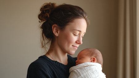 A serene indoor scene capturing a mother holding her sleeping baby. The natural light highlights their bond, evoking feelings of love and warmth in this intimate moment.の素材
