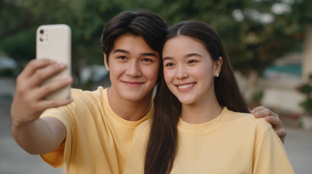 A young couple captures a joyful moment while taking a selfie outdoors, dressed in matching yellow t-shirts. Their smiles radiate happiness and connection.の素材