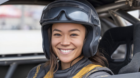 A joyful female race car driver sits confidently in her vehicle, wearing a helmet and racing suit. Her smile reflects her excitement and passion for the sport of racing.の素材