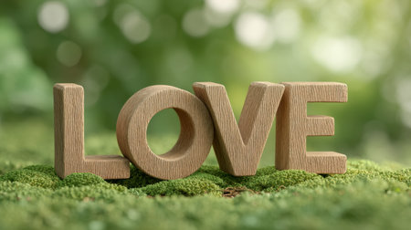 A beautiful wooden display of the word "LOVE" rests gently on vibrant green moss, set against a soft-focus nature background that exudes tranquility and warmth.の素材